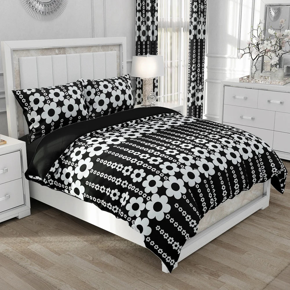 Parure de lit housse de couette 220x240 fleurs noires en microfibre sur un lit