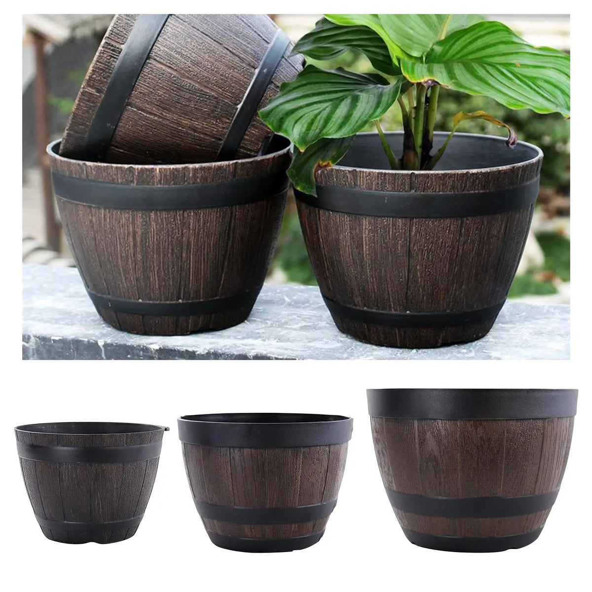 Pot de fleur en baril résine style rétro blanc sur table en bois