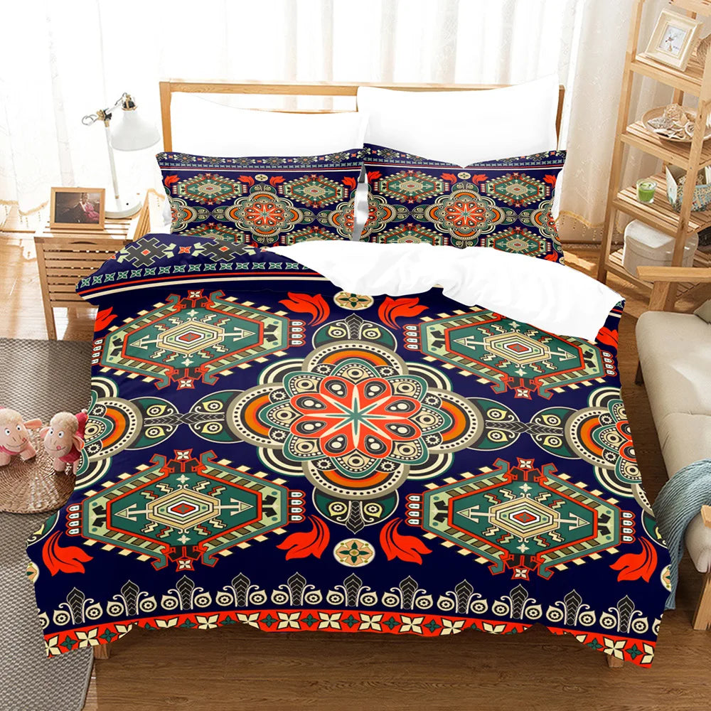 Housse de couette bohème Mandala en couleur beige sur un lit queen