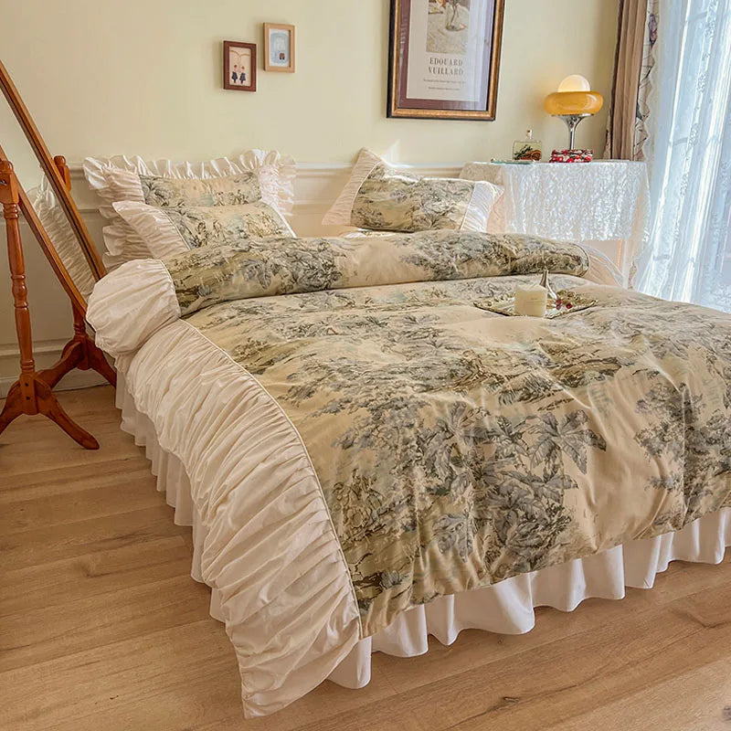 Détail du tissu sergé et des motifs floraux de la housse de couette