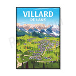 L'image présente une magnifique illustration du village de Villard de Lans, avec des montagnes enneigées, une vallée verdoyante, des maisons et un sentier traversant le paysage.
