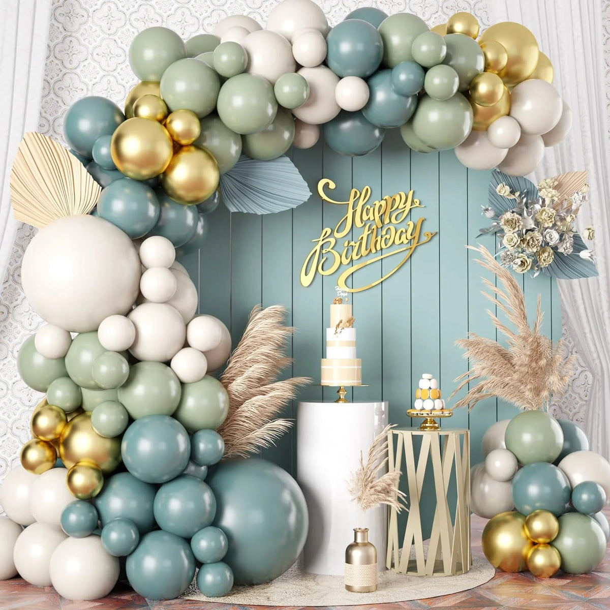 Guirlande de ballons arc vert sauge or bleu sable blanc 107 pièces