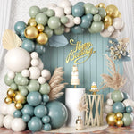 Guirlande de ballons arc vert sauge or bleu sable blanc 107 pièces