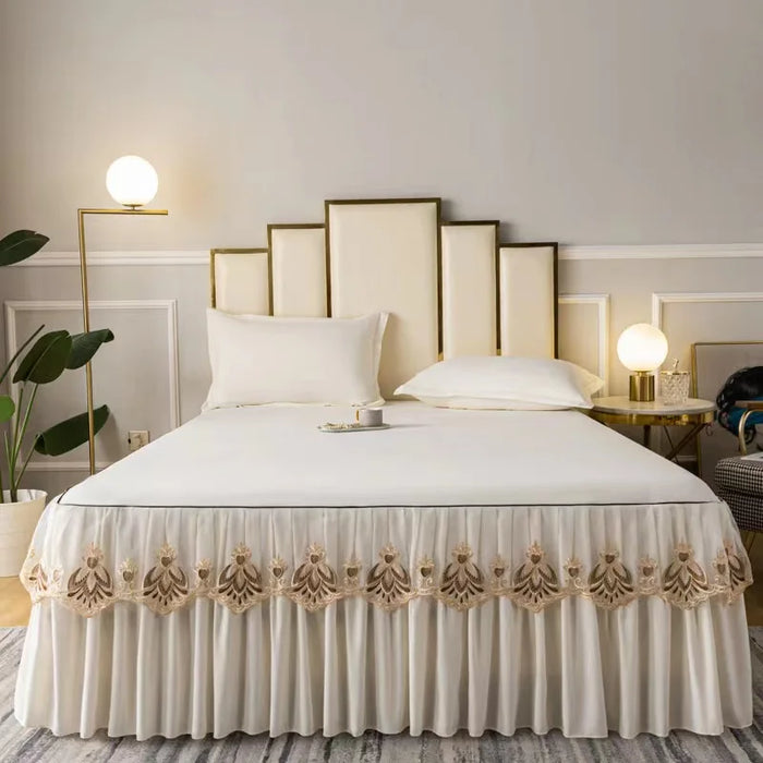 Ensemble couvre-lit coton brut 3 pièces avec jupe brodée en couleur verte