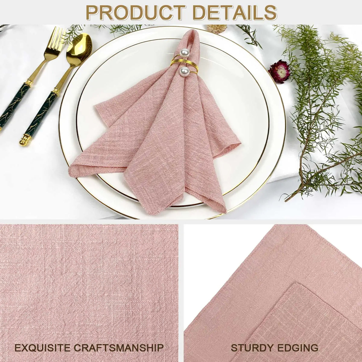 Détails élégants d'une serviette de table rose poudrée, délicatement pliée et ornée de perles, posée sur une assiette blanche avec des couverts dorés, entourée de décorations végétales.