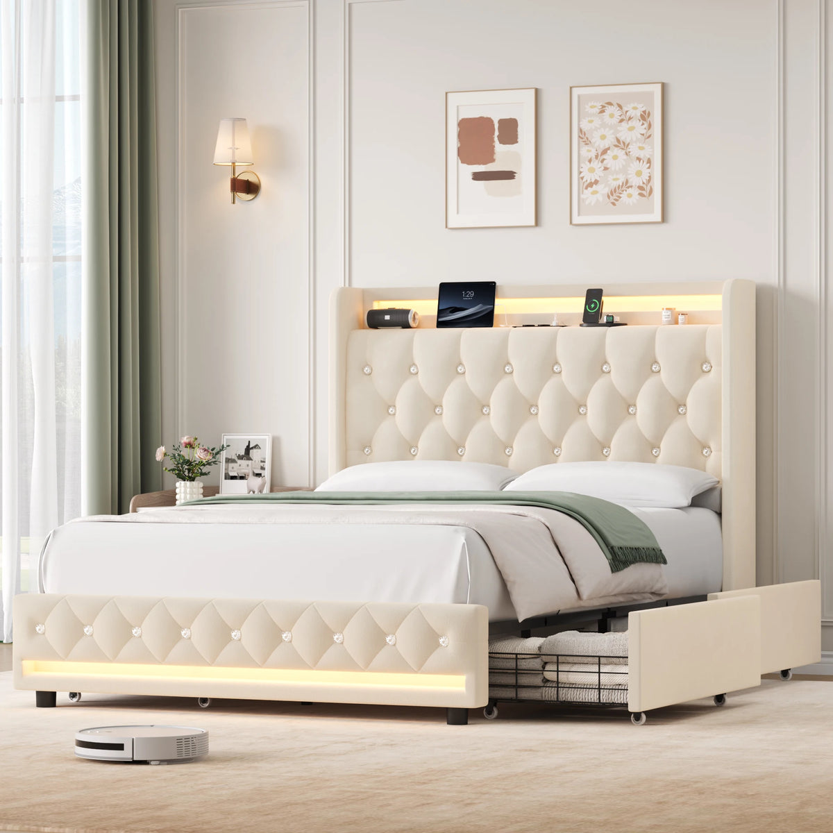Lit double blanc avec éclairage LED et tête de lit rembourrée