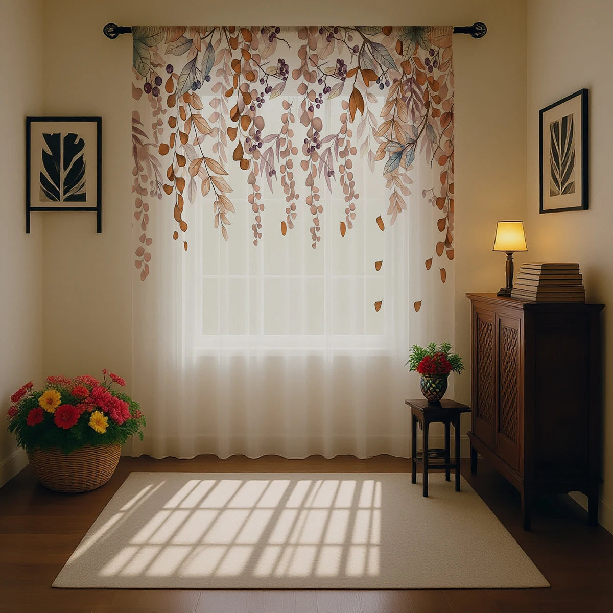 Motif de vigne aquarelle sur rideau voilage déco automne