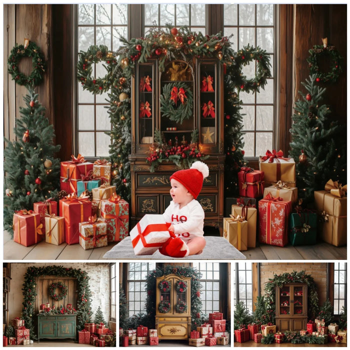 Fond photo Noël professionnel avec couronne et cadeaux