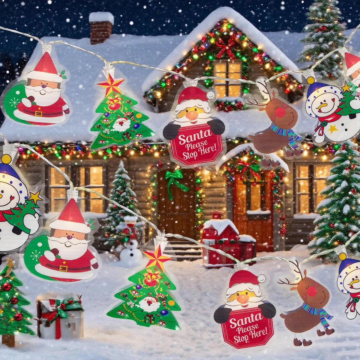 Guirlande lumineuse LED Noël avec motifs bonhomme de neige et renne allumée