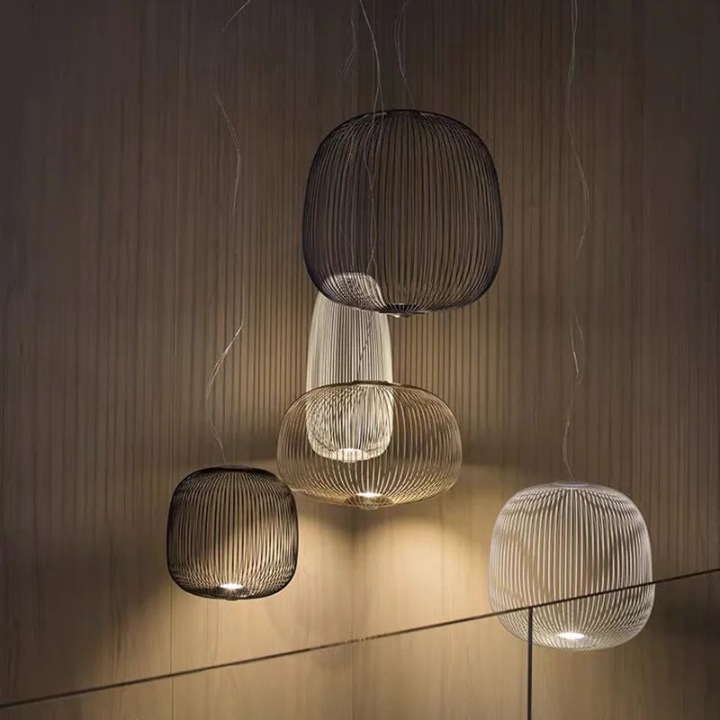 Lustre suspension industriel design cage à oiseaux en métal noir
