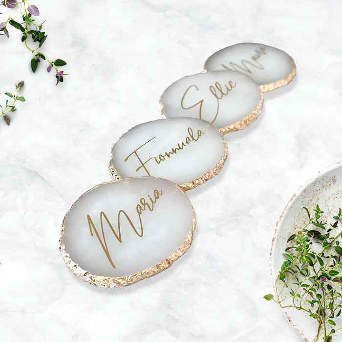 Sous-verre en résine personnalisé pour mariage avec nom gravé en or rose