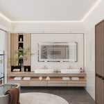 Cette image montre une salle de bain moderne et épurée, avec un meuble vasque en bois clair, un miroir décoratif et des rangements intégrés, le tout dans des tons neutres et chauds.