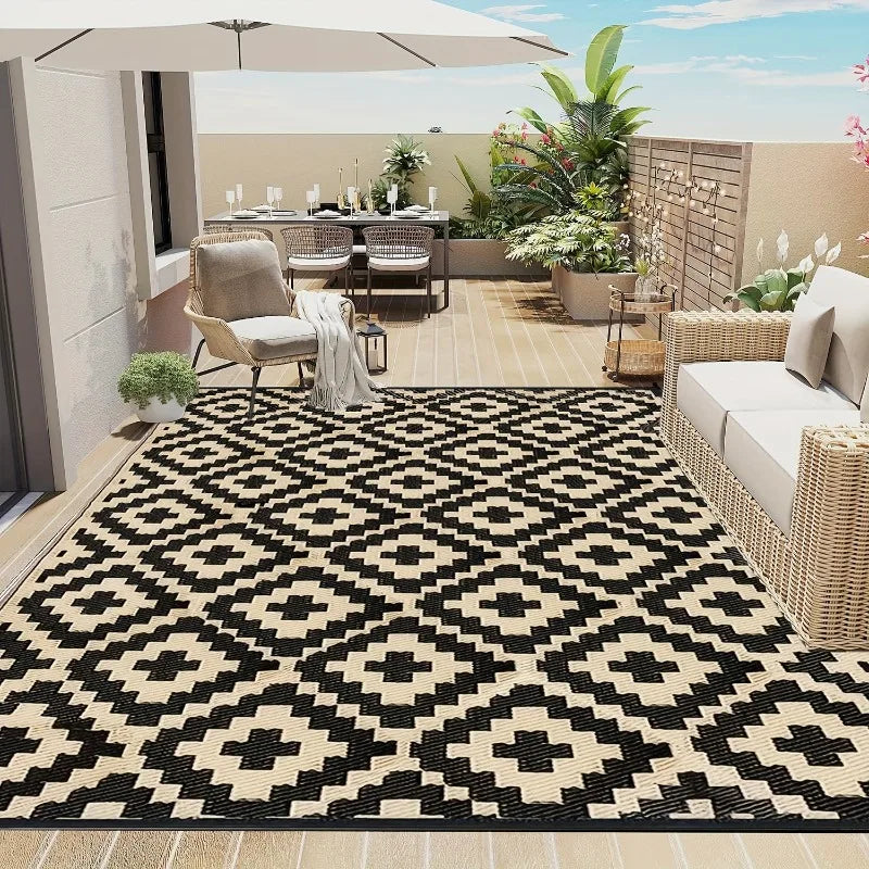 Tapis extérieur bohème rayé blanc et chocolat 40x120 cm