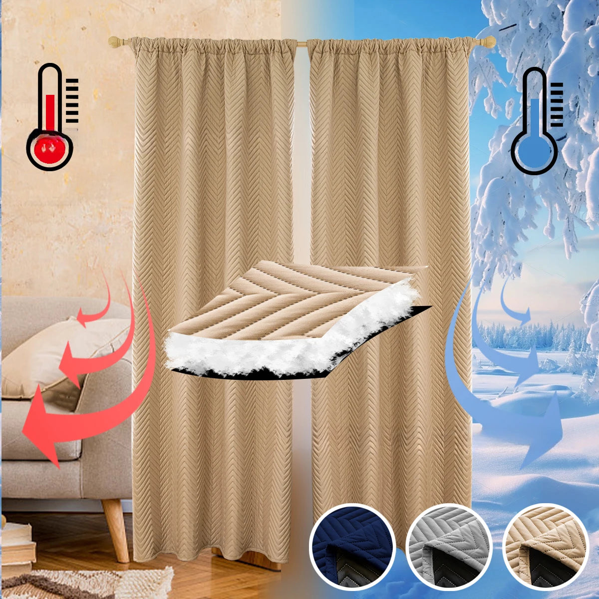 Rideau isolant thermique beige pour salon, illustration de son efficacité contre le froid hivernal et la chaleur estivale, options de coloris variés. Solution idéale pour conserver une température agréable dans votre intérieur tout au long de l'année.