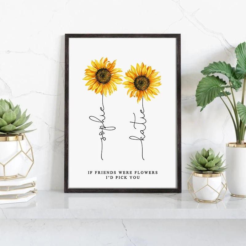 Tableau personnalisé avec noms d'amitié et motifs tournesol sur toile