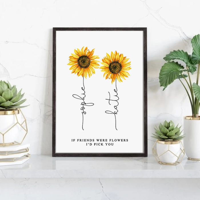 Tableau personnalisé avec noms d'amitié et motifs tournesol sur toile