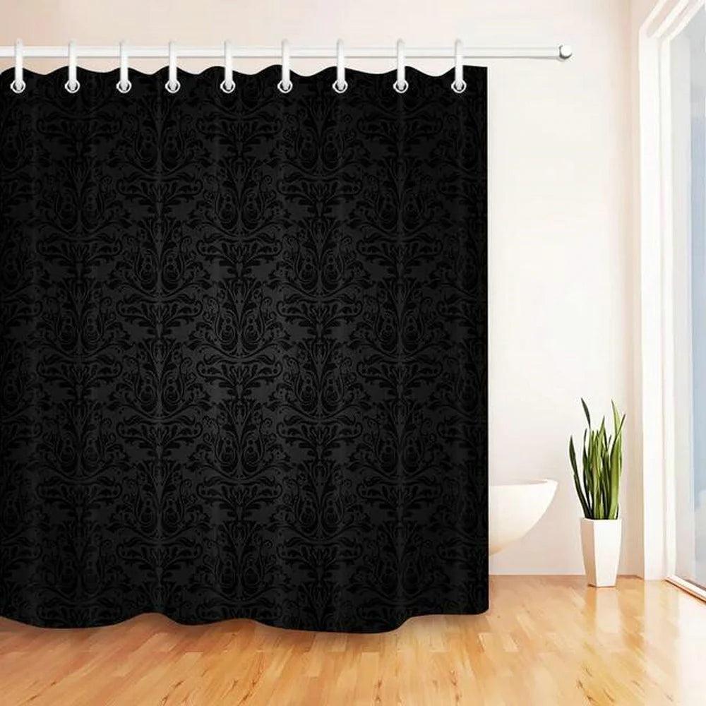 Rideau de douche baroque noir damassé avec motif 3D de fleur abstraite