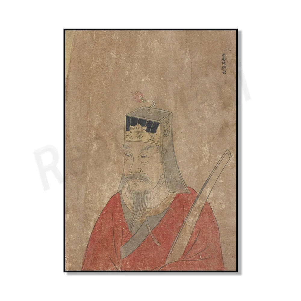 L'image montre un dessin à l'encre représentant un homme avec une longue barbe portant un chapeau et un vêtement rouge, sur un fond de papier texturé.
