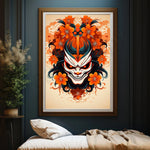 Une image encadrée représentant un motif floral coloré et une figure de démon au visage expressif, créant une œuvre d'art visuelle captivante.