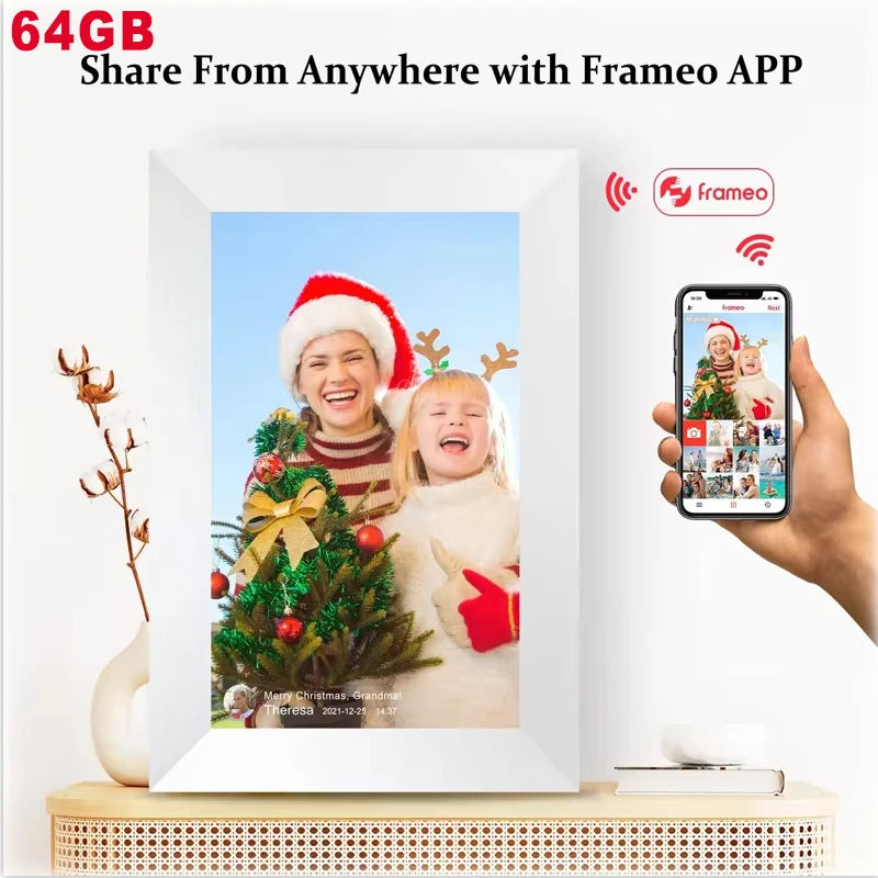 Cadre photo numérique WiFi 10,1 pouces noir sur table en bois