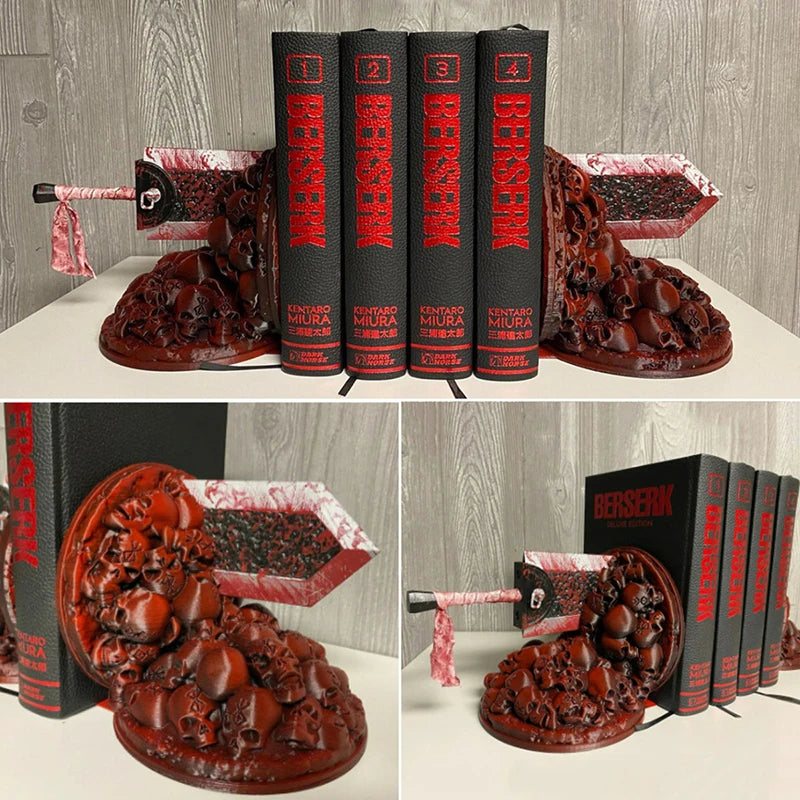 Serre-livres design dragon et crânes 3D en résine gris clair