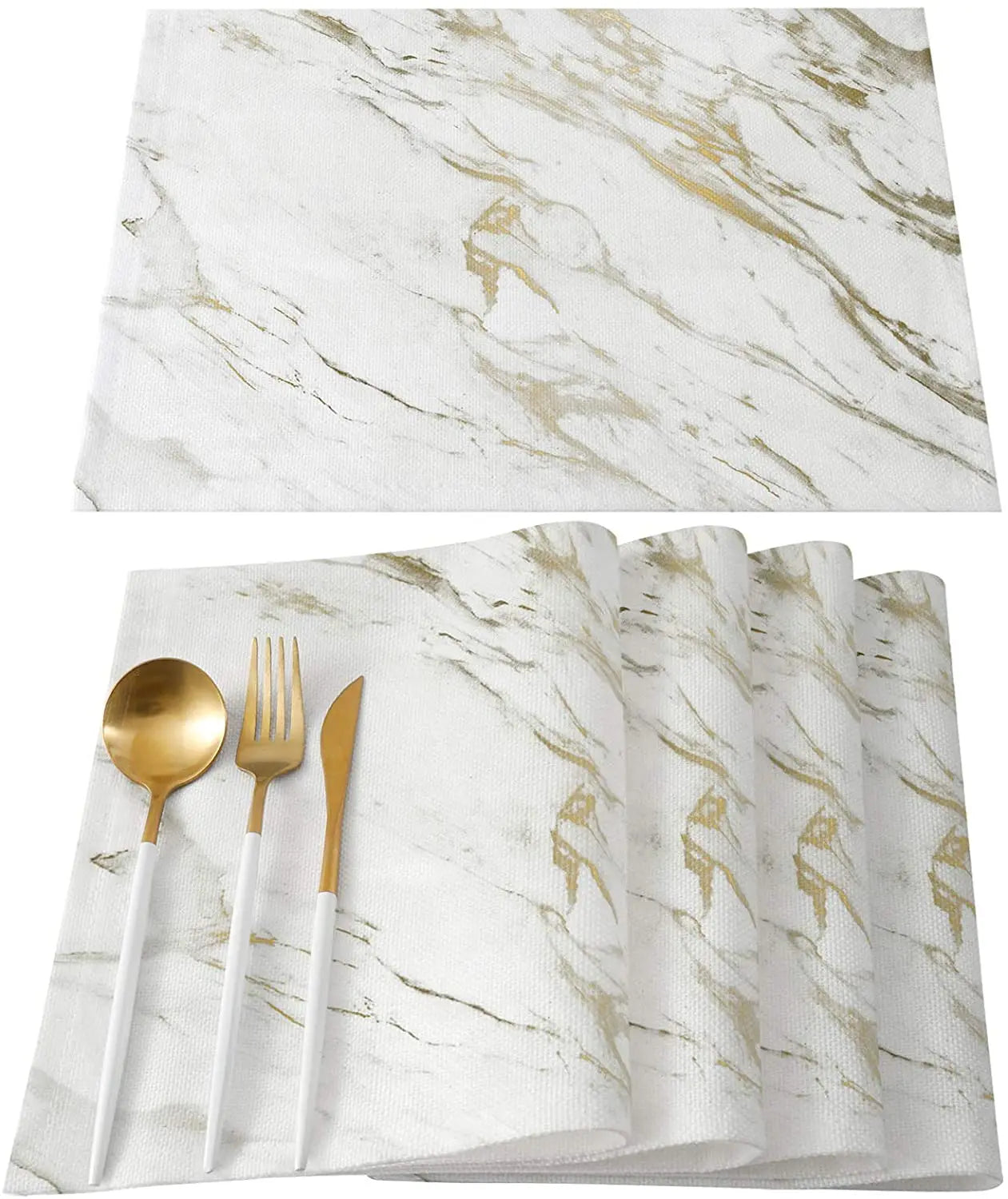 Set de table en lin coton motif marbre blanc et or