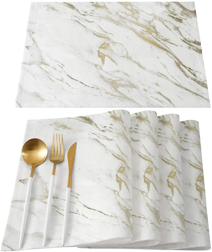 Set de table en lin coton motif marbre blanc et or