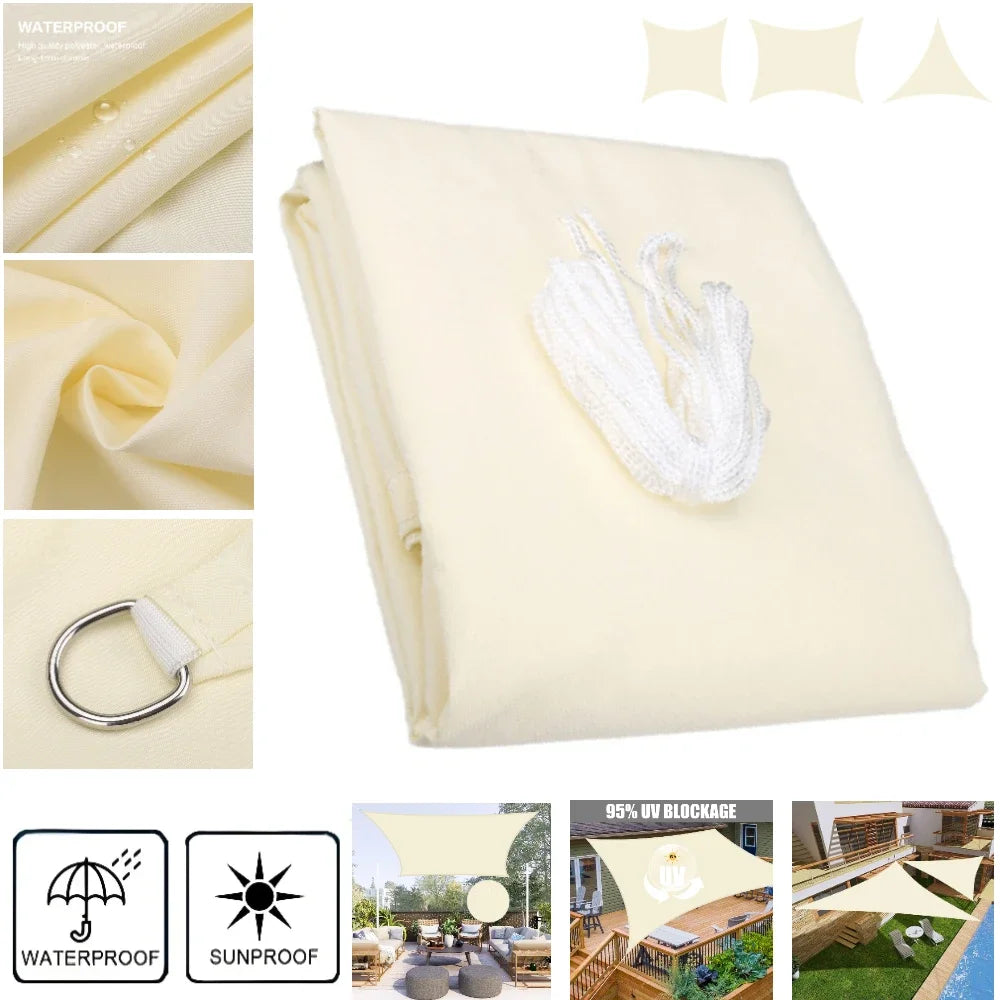 Installation de la voile d'ombrage sur un patio avec mobilier
