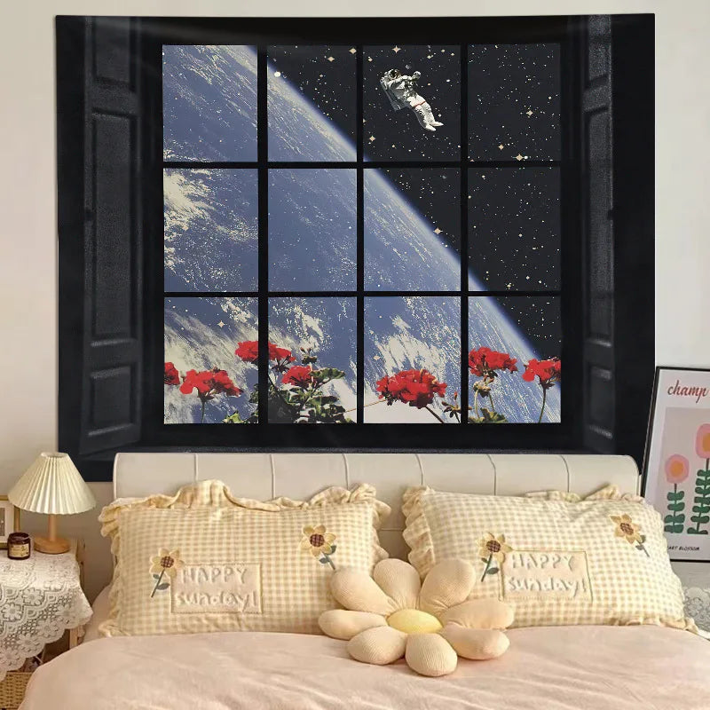 Fausse fenêtre paysage utilisée comme art mural dans un salon