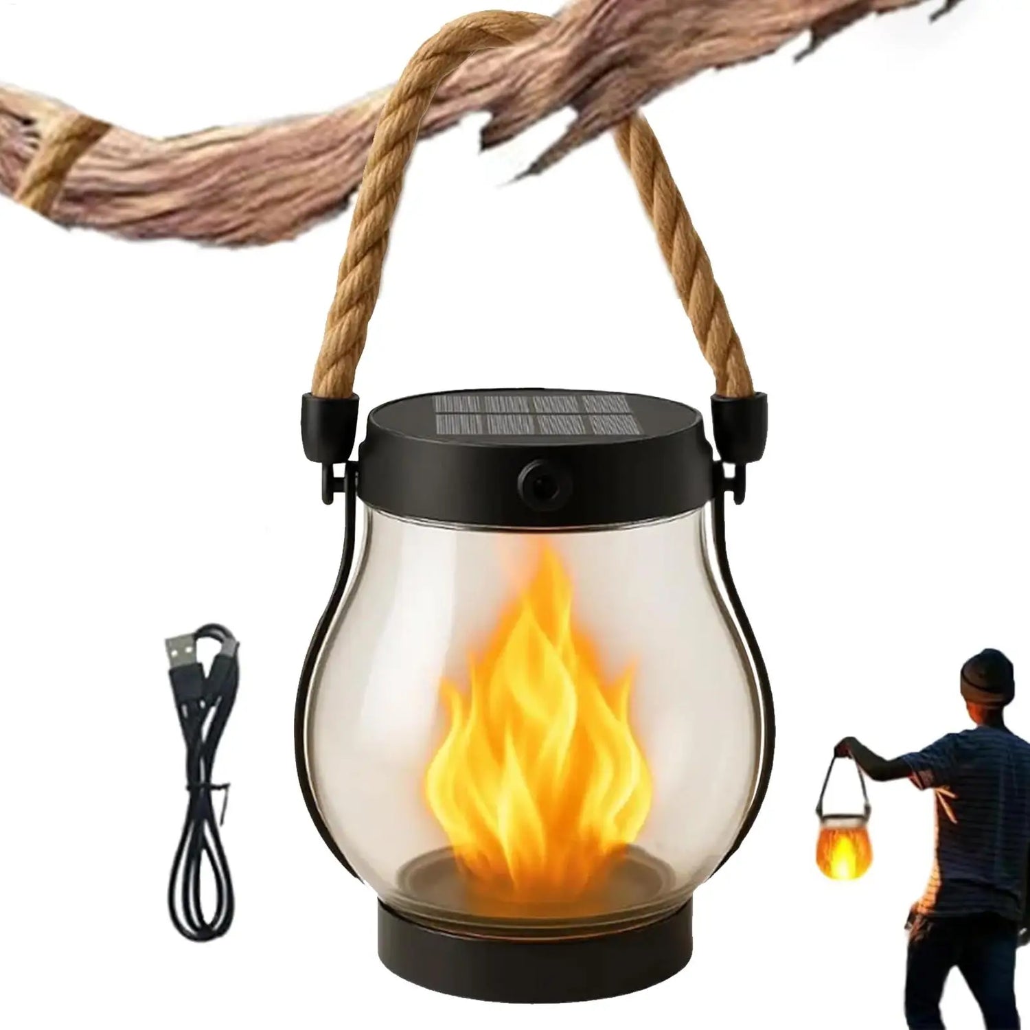 Lanterne solaire Halloween suspendue avec corde de chanvre la nuit