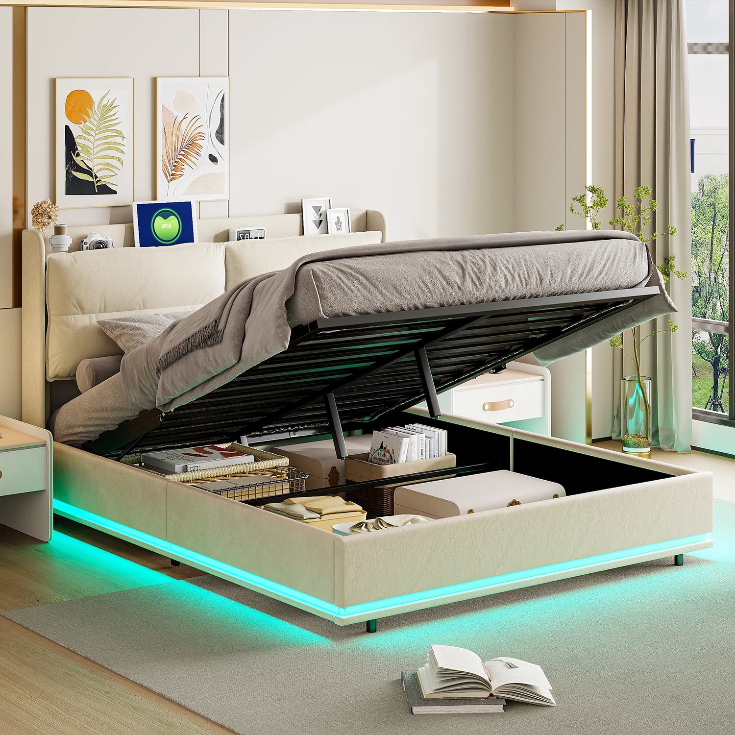 Lit coffre double beige avec éclairage LED dans une chambre moderne