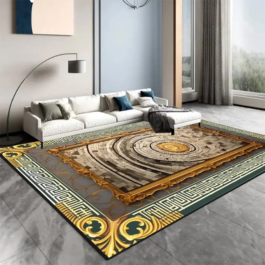 Tapis décoratif de style méditerranéen avec des motifs géométriques et des ornements dorés, créant une atmosphère luxueuse et sophistiquée dans ce salon moderne.