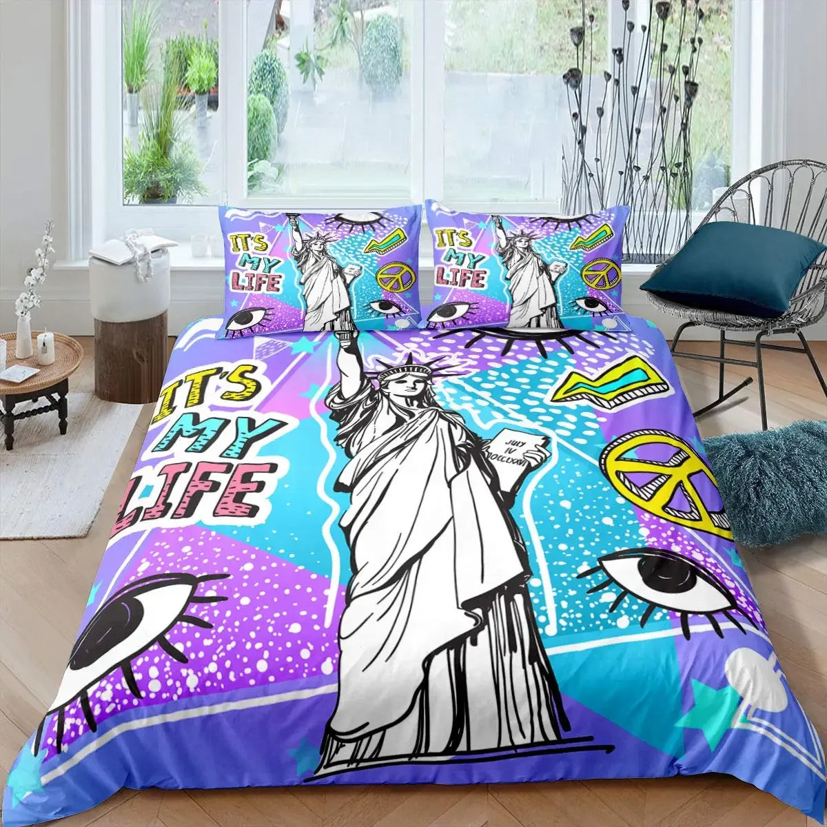 Housse de couette grise avec symboles Hip Hop en gros plan
