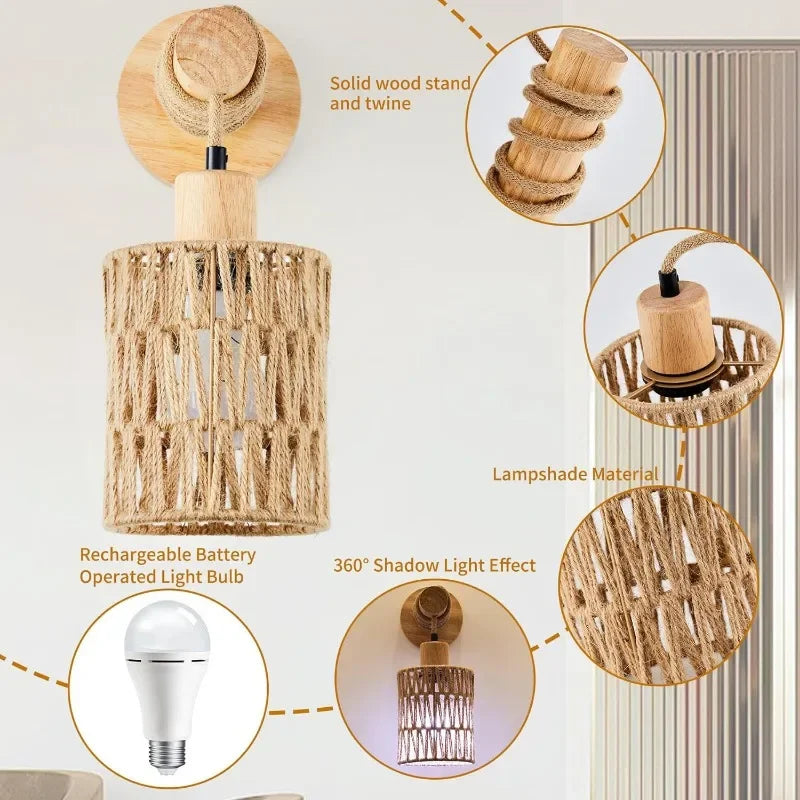 Lampe murale cylindrique en rotin noir dans une chambre moderne