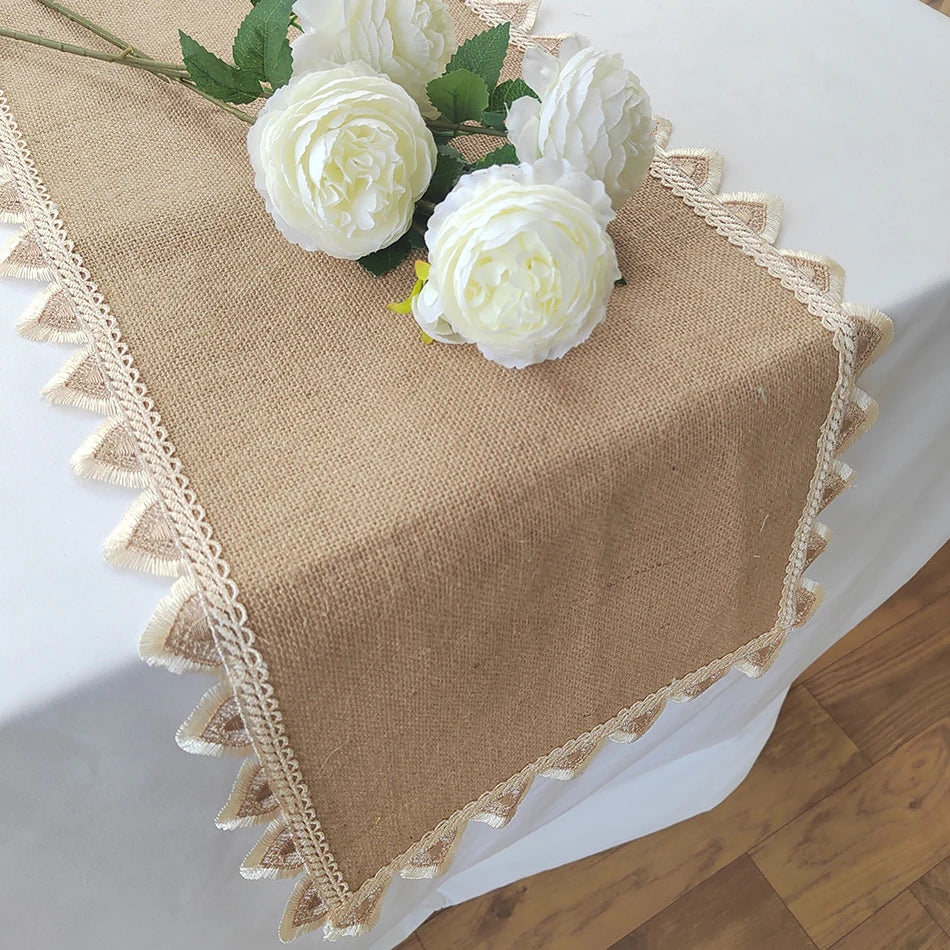 Nappe de table en lin et dentelle de jute pour décoration de Noël