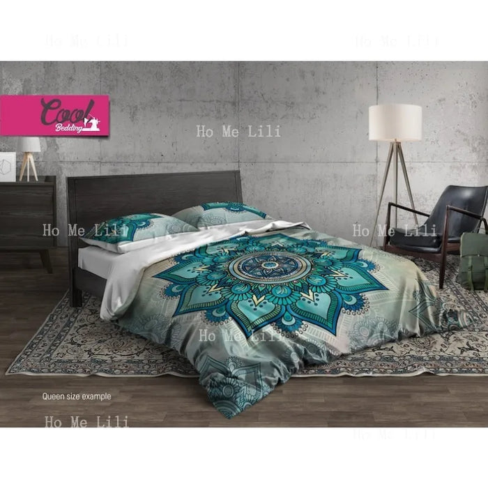 Housse de couette mandala vert King Size sur lit bohème