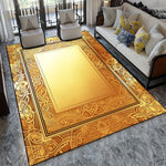 Ce tapis au design ornemental or sur fond gris crée une ambiance luxueuse et élégante dans cet intérieur contemporain.