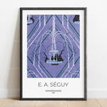 L'image montre une œuvre d'art graphique aux tons violets et verts, avec une composition géométrique complexe et élégante représentant un lustre suspendu dans un environnement abstrait.