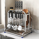 Support d'ustensiles de cuisine en acier inoxydable gris clair avec rangement pour planche à découper