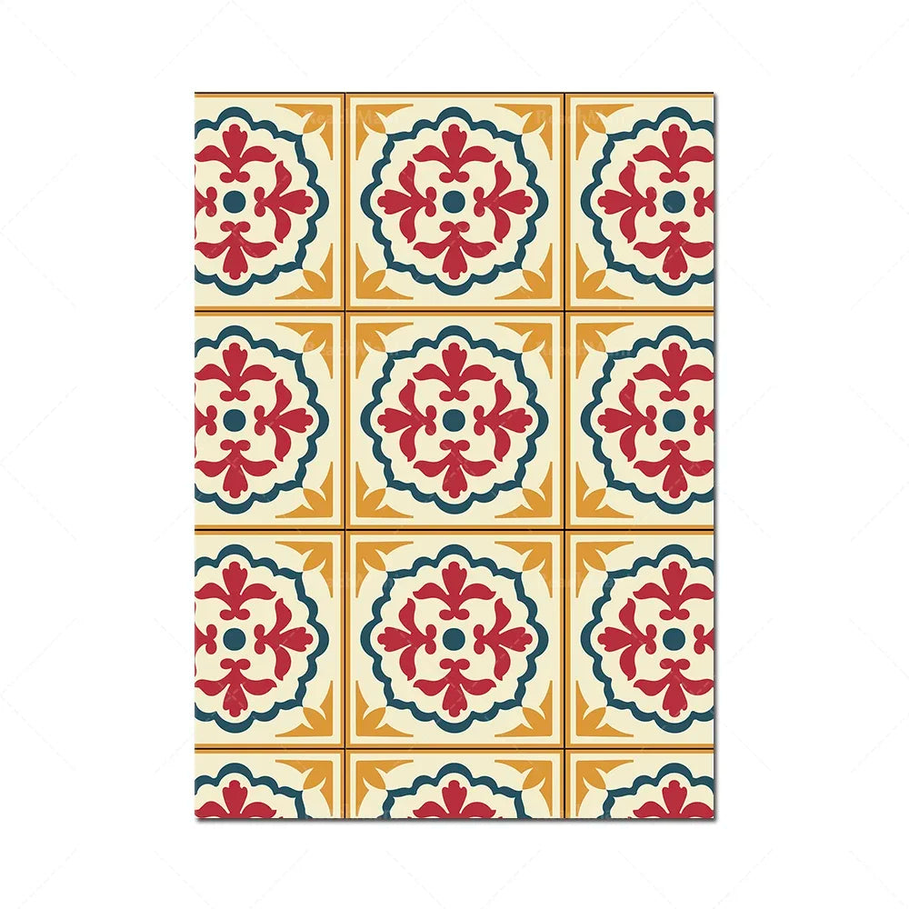 Motif ornemental symétrique de fleurs stylisées dans des tons chauds de rouge, d'ocre et de bleu, formant un design unique et décoratif.