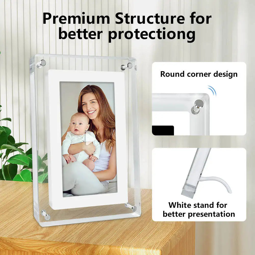 Cadre photo numérique acrylique en fonctionnement avec vidéo