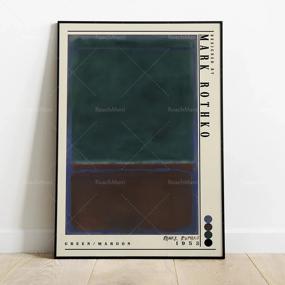 L'image montre une affiche d'un artiste nommé Mark Rothko, avec des carrés de couleurs vertes et marron disposés de manière géométrique.