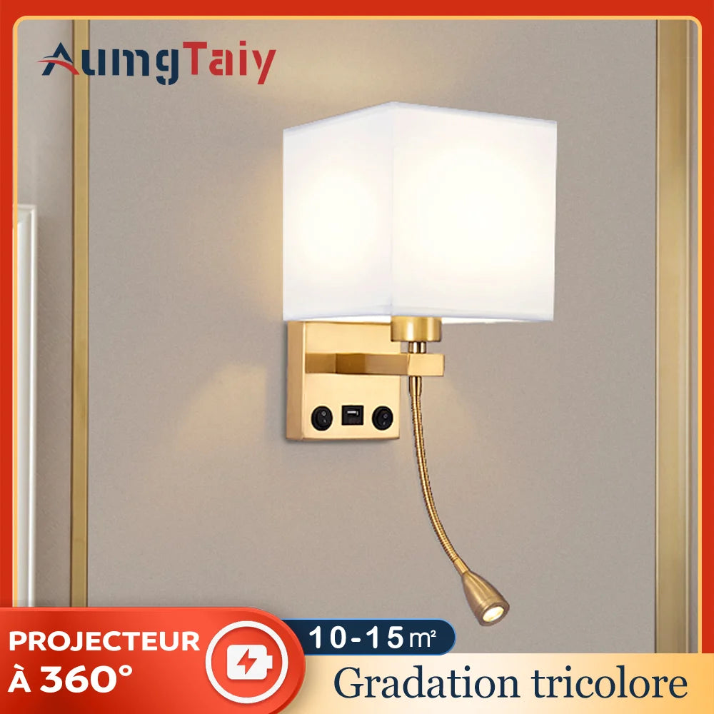 Lampe murale LED design avec abat-jour blanc et base dorée