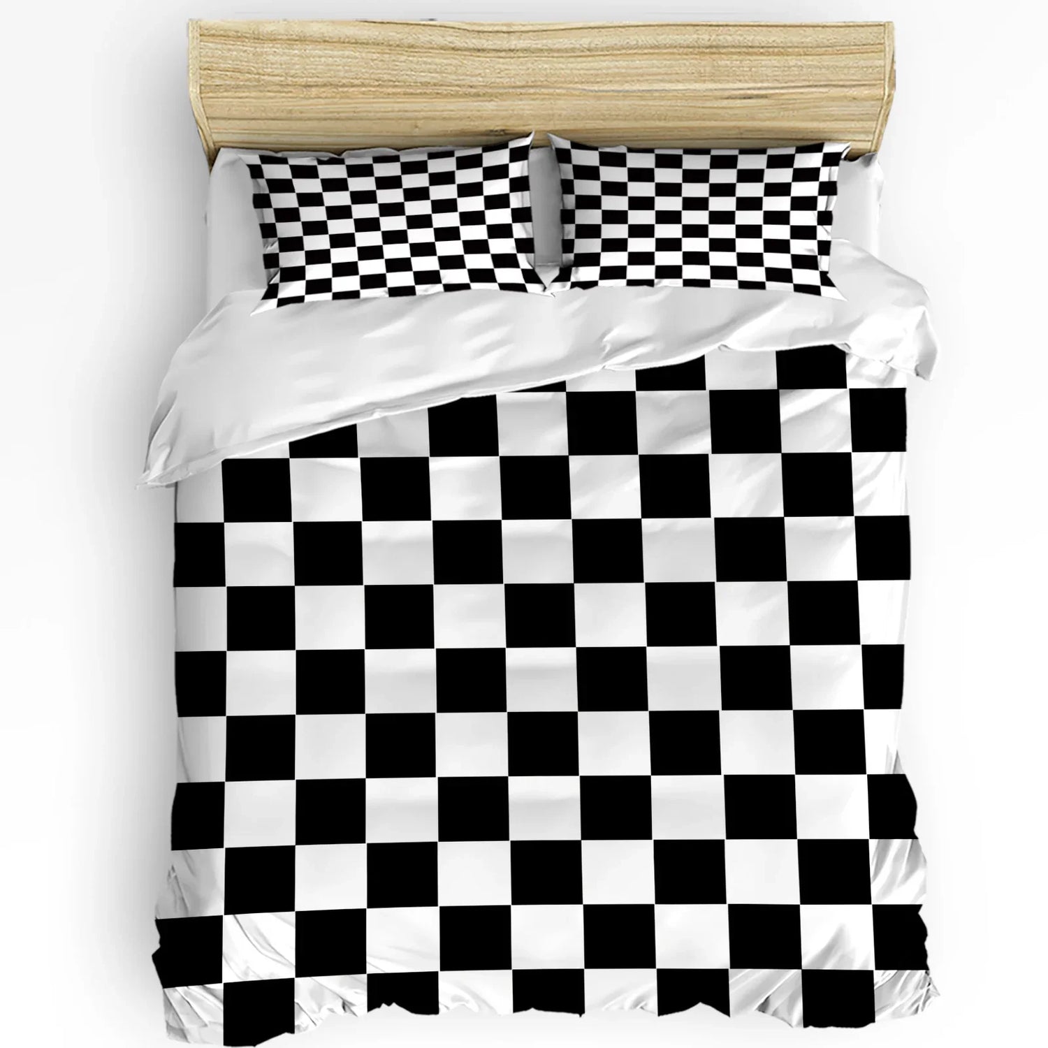 Détail des carreaux de la housse de couette noir et blanc