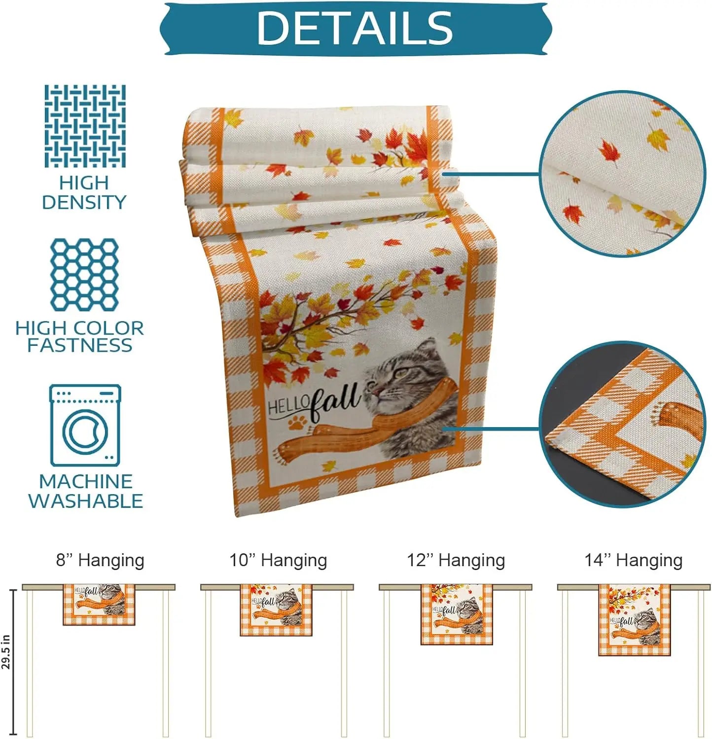 Un drap en coton de haute qualité, imprimé de feuilles d'automne colorées et d'un adorable chat, idéal pour la décoration d'intérieur pendant la saison automnale.