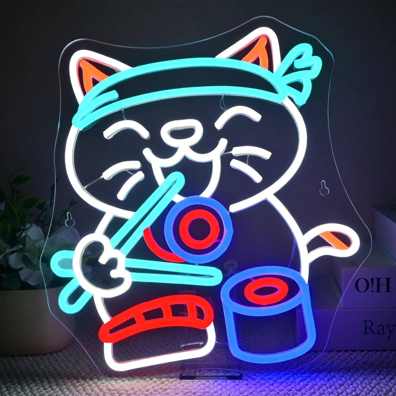 Détail du design Sushi Chat sur le néon mural acrylique