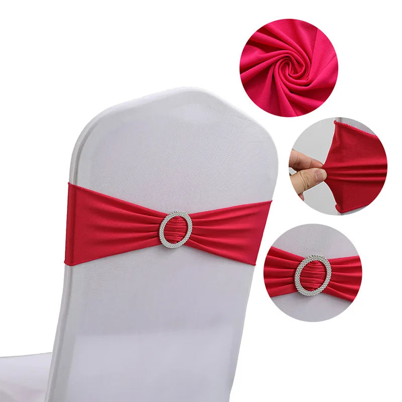 Ceinture élégante en satin rouge ornée d'un anneau décoratif en diamants pour la décoration de chaises.