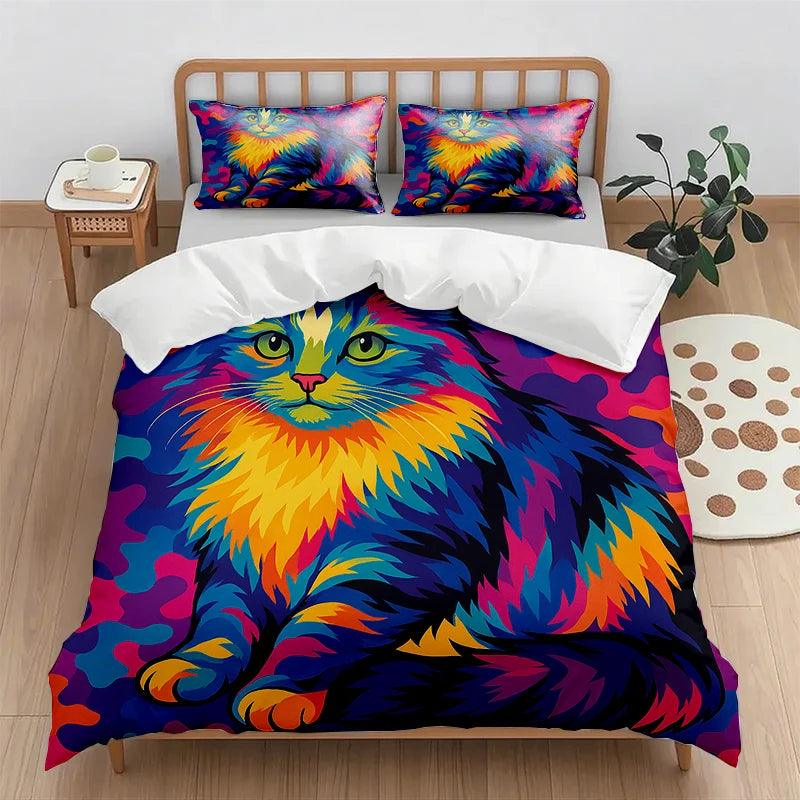 Une illustration colorée et vibrante d'un chat aux yeux vifs, avec une fourrure chamarrée dans des teintes de bleu, d'orange et de rose.