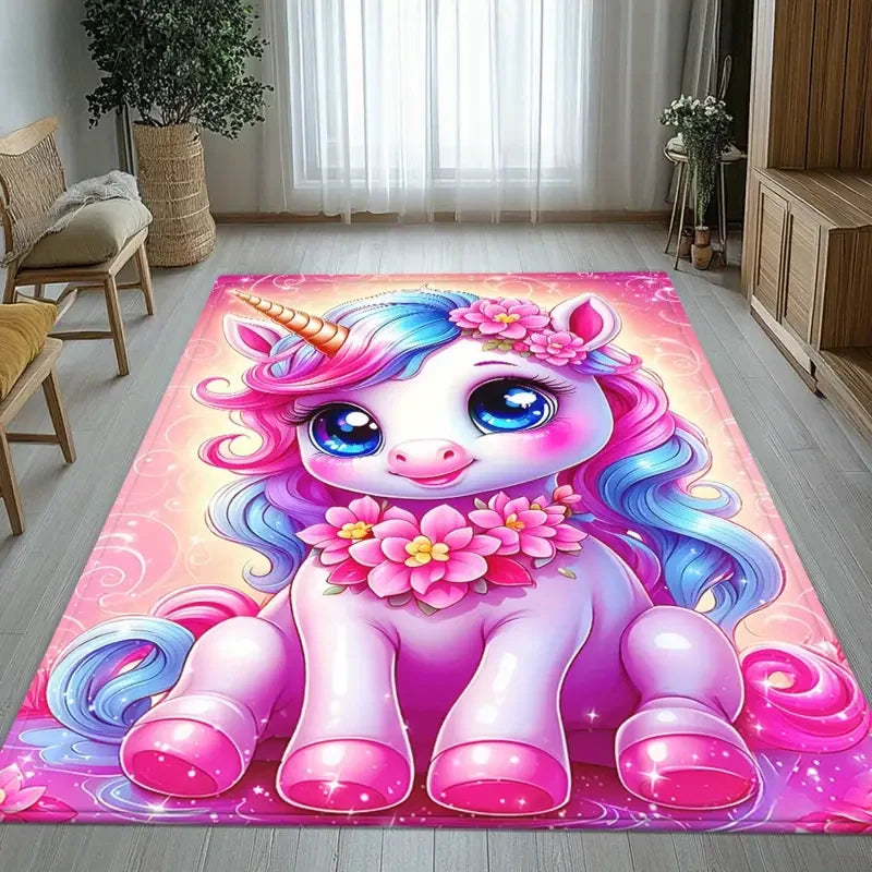 Détail du motif licorne arc-en-ciel sur tapis doux
