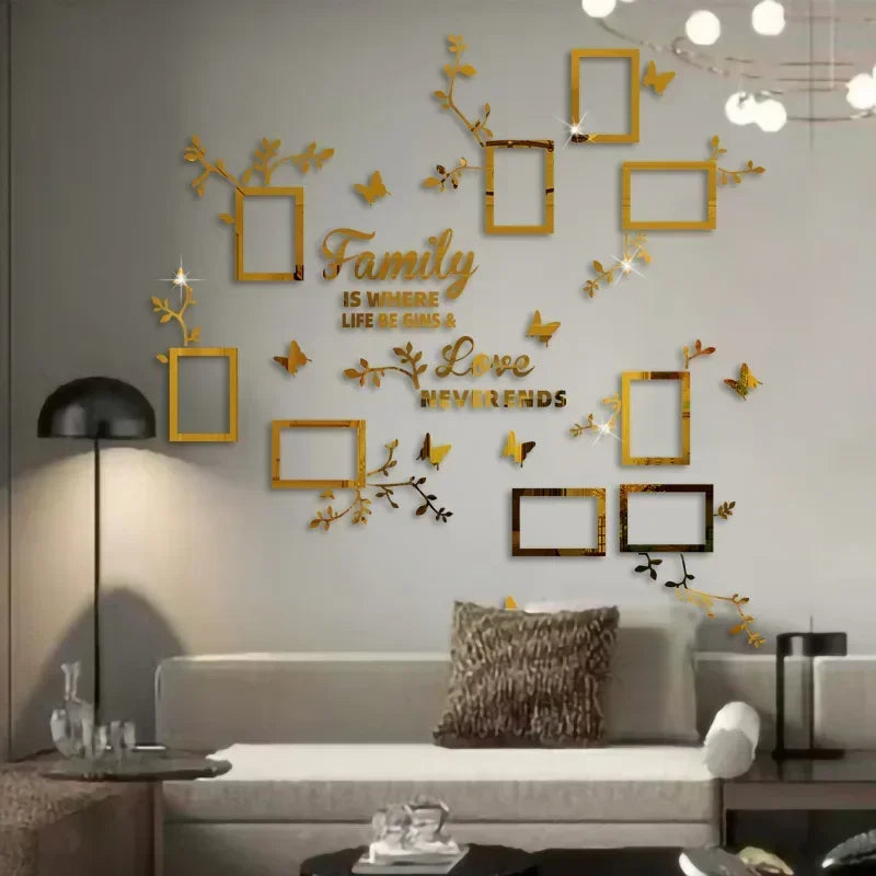 Sticker mural cadre photo arbre 3D miroir acrylique noir